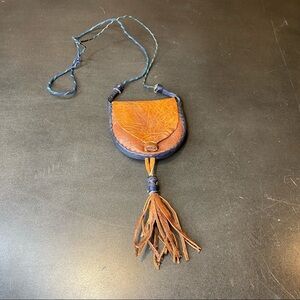 Vintage Handmade Black & Brown Leather Crossbody Pouch With Tassels
